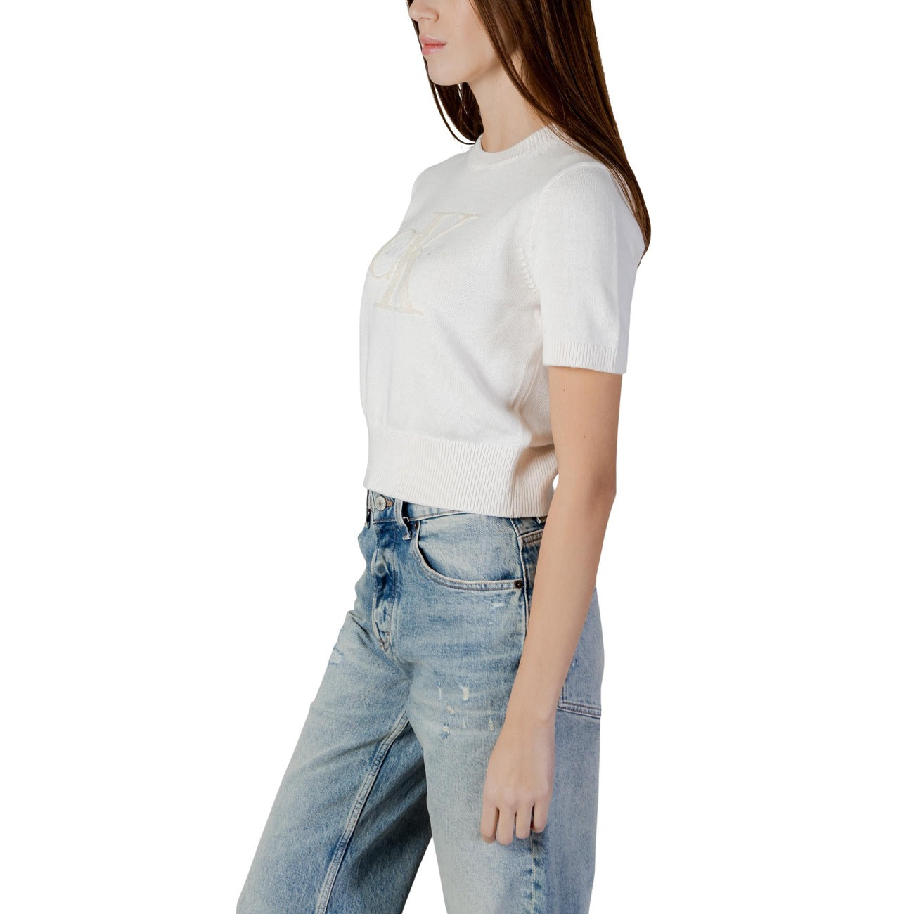 Calvin Klein Jeans Maglia Donna Cotone 100 Beige Maniche Corte Scollo Tondo