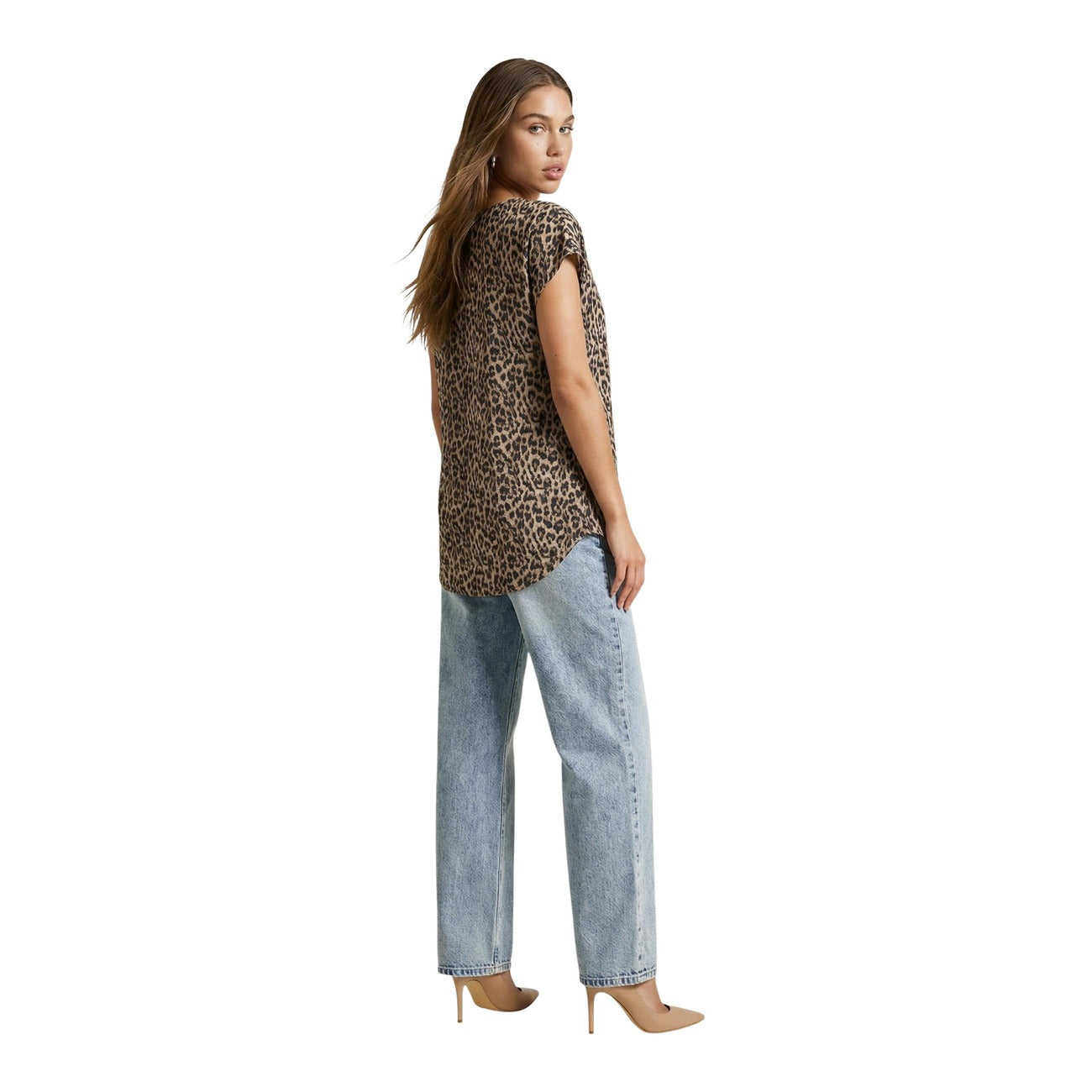 Only Blusa Donna Viscosa Marrone Maculata Maniche Corte Scollo Tondo