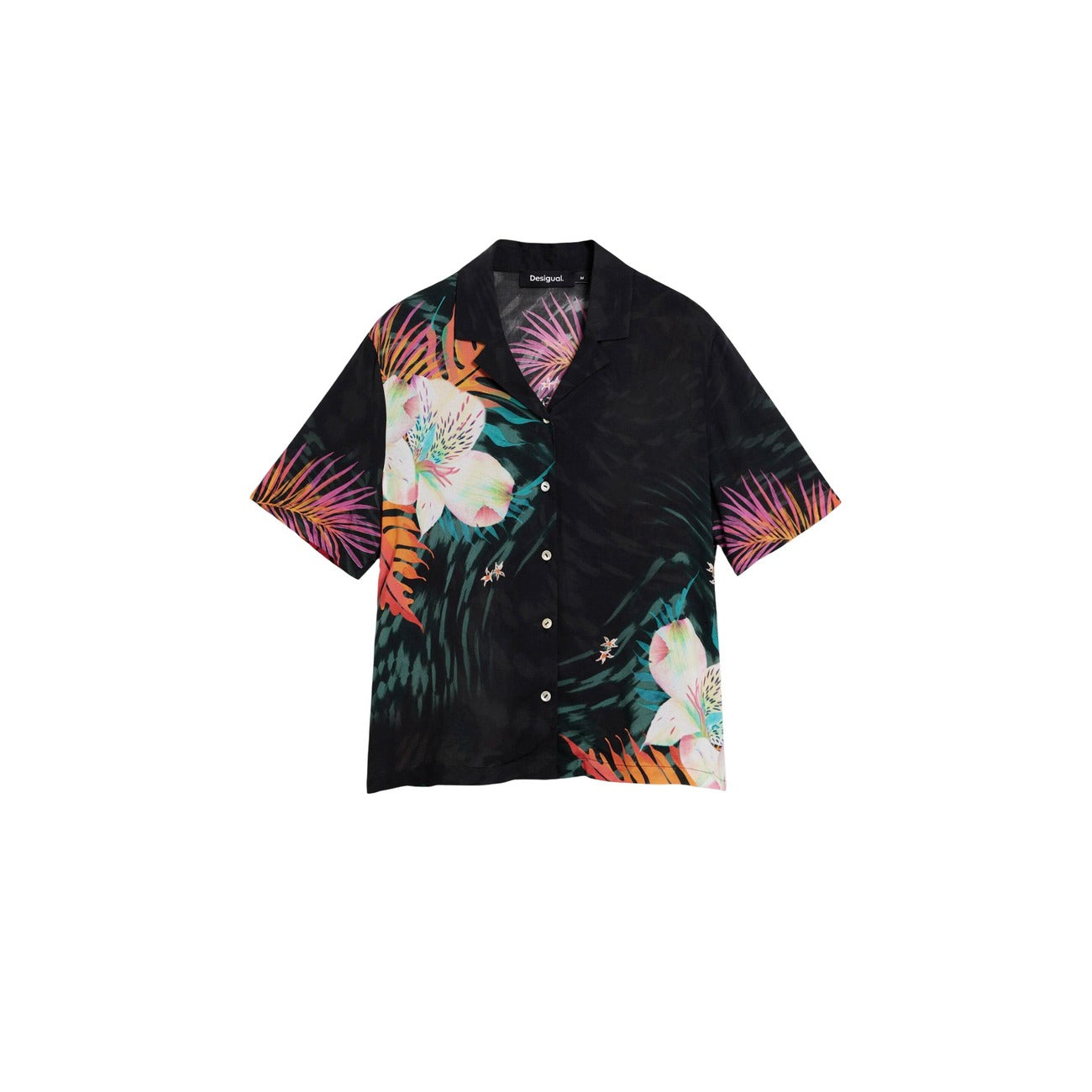 Desigual Camicia Donna Viscosa Nero Floreale Maniche Corte Scollo A V