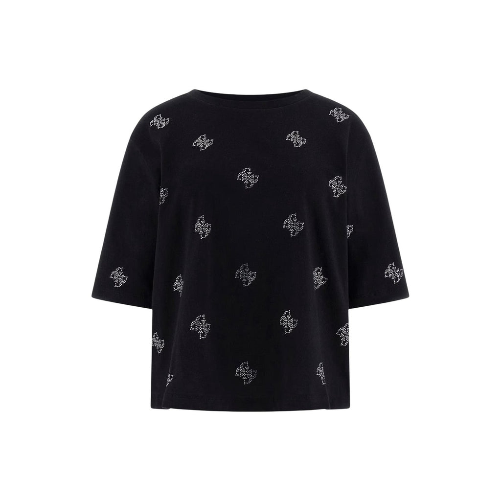Guess T Shirt Donna Nero Cotone Manica Corta Scollo Tondo Con Strass