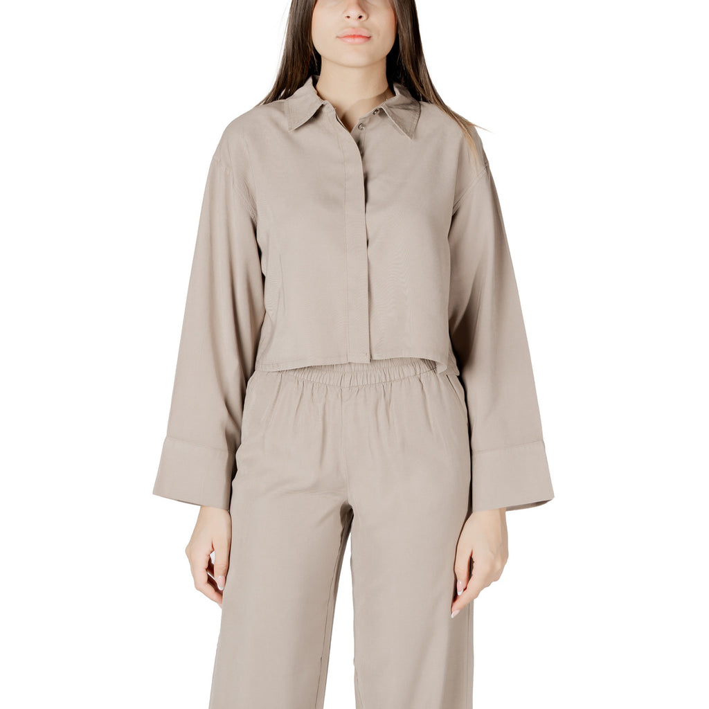 Only Blouse Donna Beige Maniche Lunghe Colletto Classico Viscosa