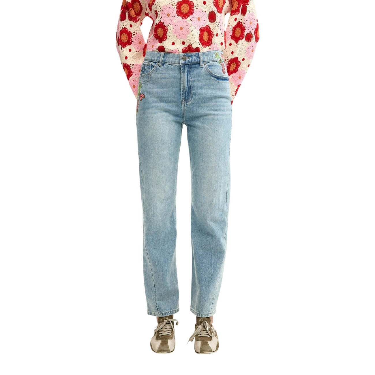 Jeans Donna Desigual Azzurro Fantasia Floreale Vita Media Zip