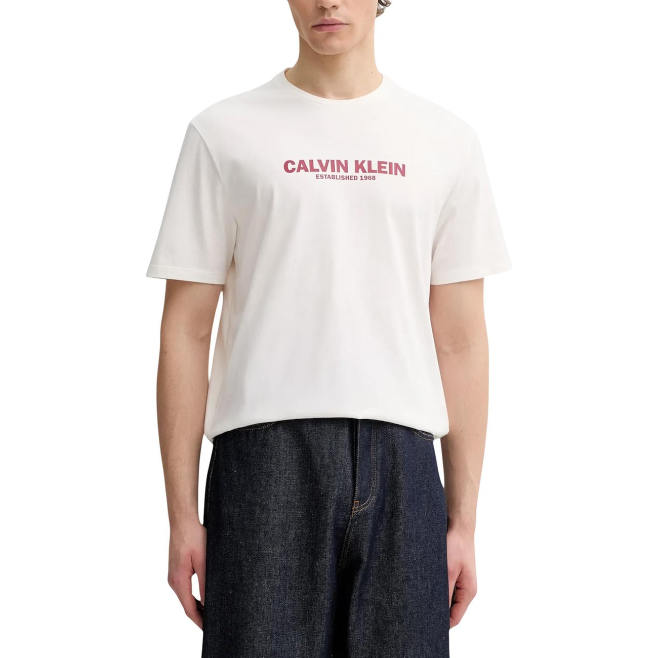Calvin Klein T Shirt Uomo Cotone Bianco Stampa Girocollo Estate