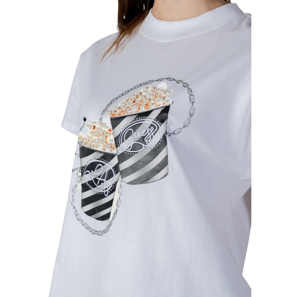 Guess T Shirt Donna Bianco Stampa Con Strass Cotone 100
