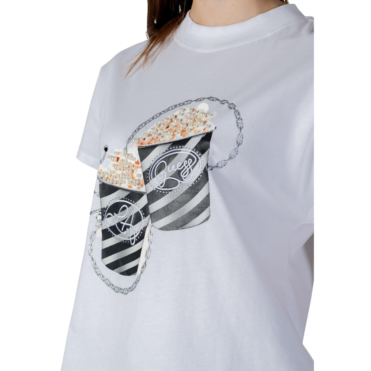 Guess T Shirt Donna Bianco Stampa Con Strass Cotone 100
