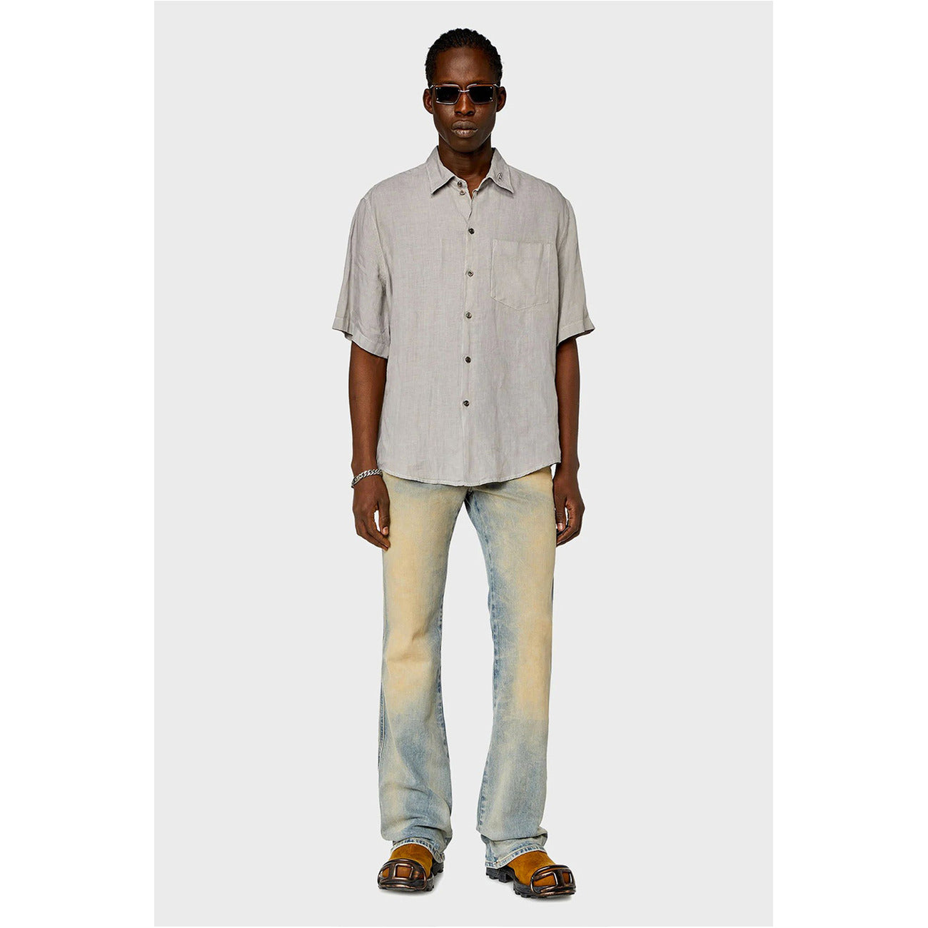 Diesel Camicia Uomo Beige Cotone Puro Maniche Corte Colletto Classico Tasca