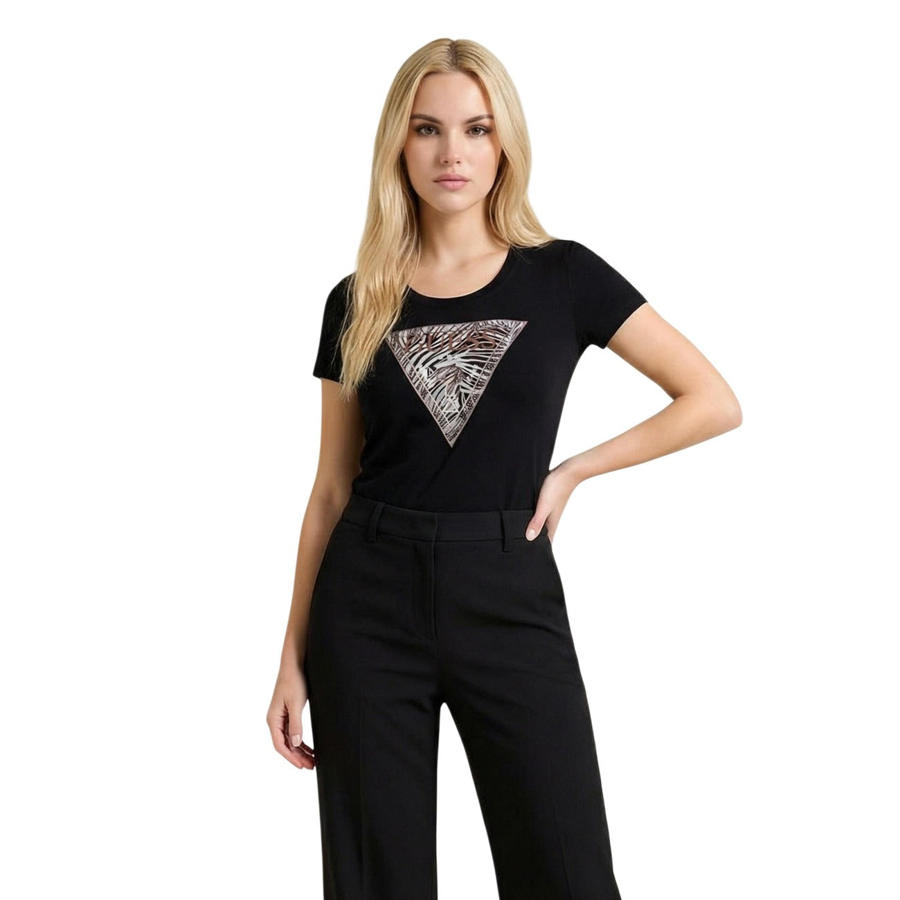 Guess T Shirt Donna Marrone Con Stampa E Strass Scollo Tondo Cotone 95