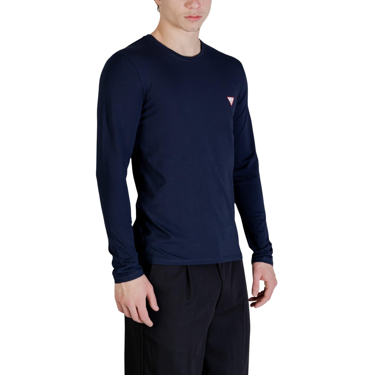 Guess T Shirt Uomo Maniche Lunghe Blu Girocollo Cotone Elastan