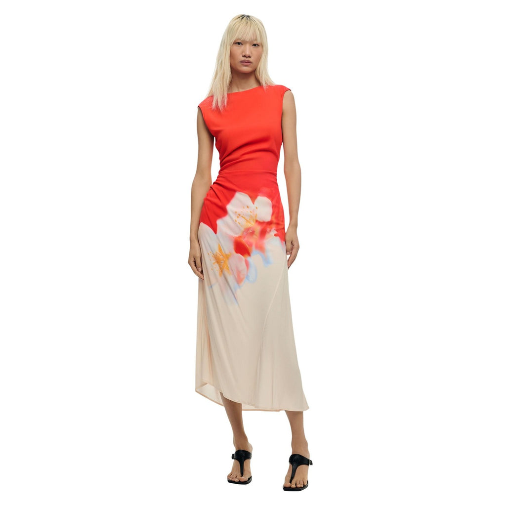 Desigual Abito Donna Corallo Floreale Smanicato Scollo Tondo Viscosa Primavera
