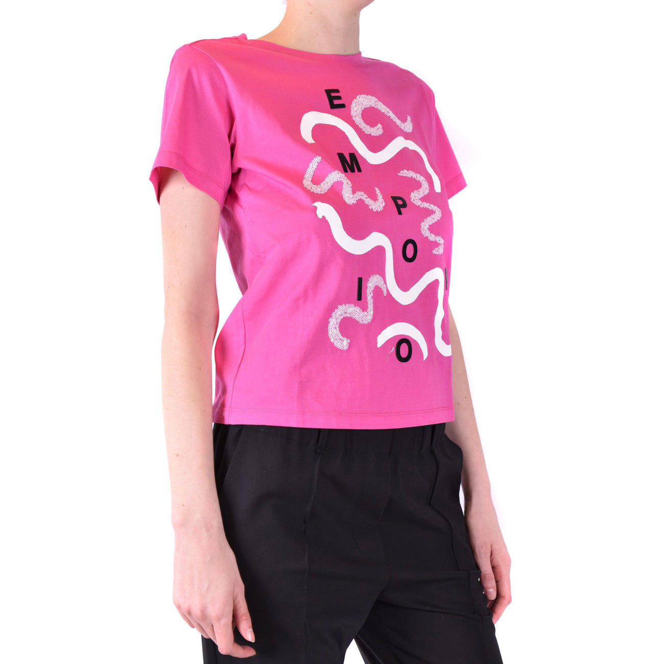 Emporio Armani T Shirt Donna Rosa Stampa Cotone Scollo Quadrato