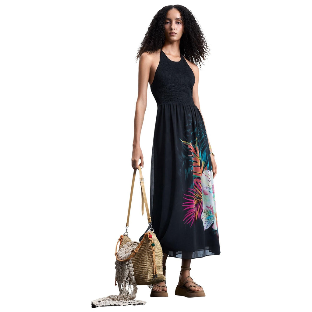 Desigual Abito Nero Floreale Viscosa Scollo Tondo Spalline Primavera Estate