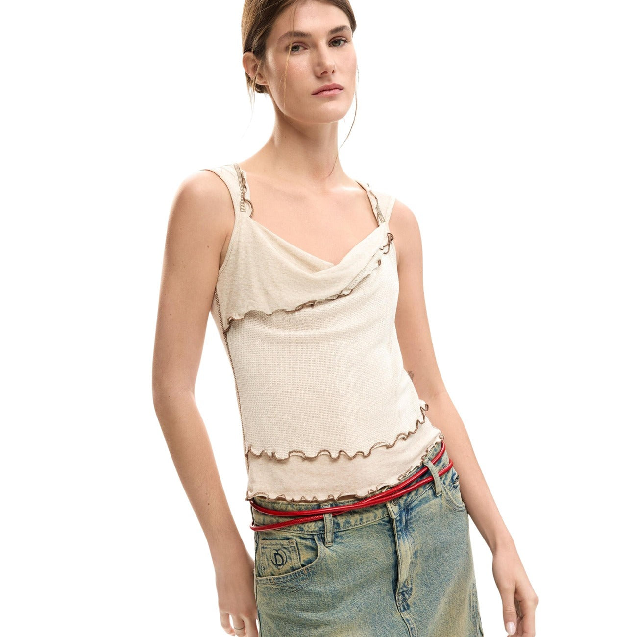 Desigual Top Donna Smanicato Scollo A V Beige Primavera Estate Viscosa Acrilico
